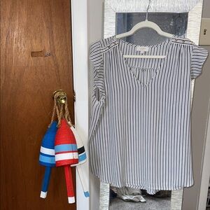 LOFT Black & White Vertical Stripe Notch V-Neck Blouse